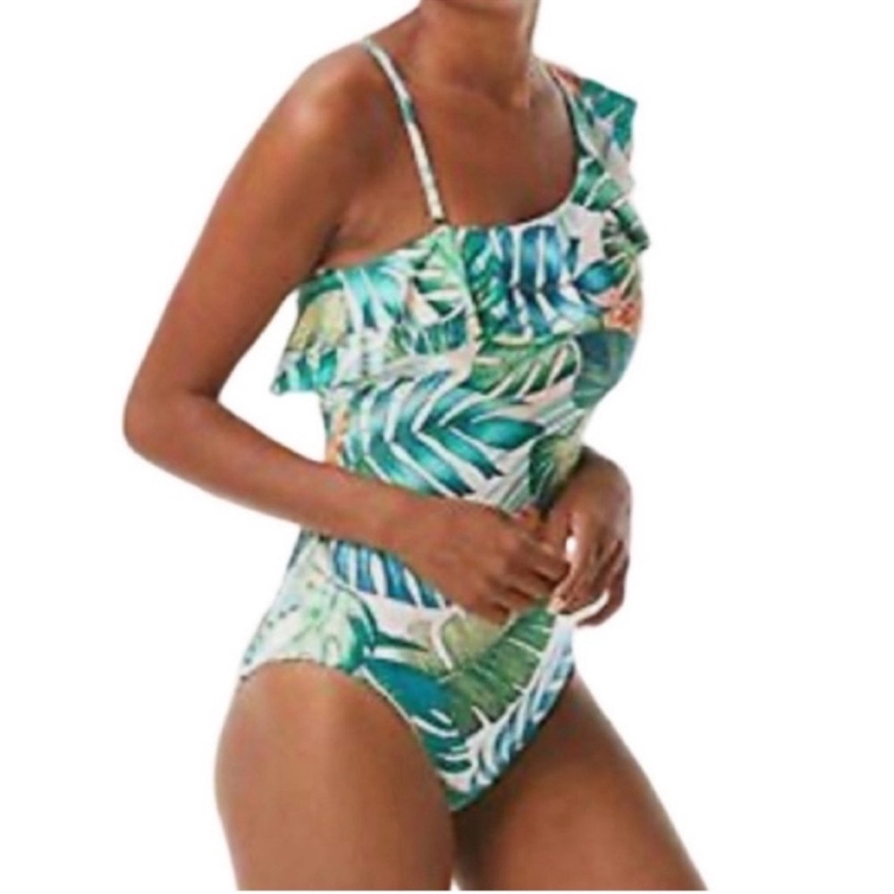 NEW Vince Camuto One Piece Swimsuit Ruffle Shoulder Tropical Green Blue Size 4